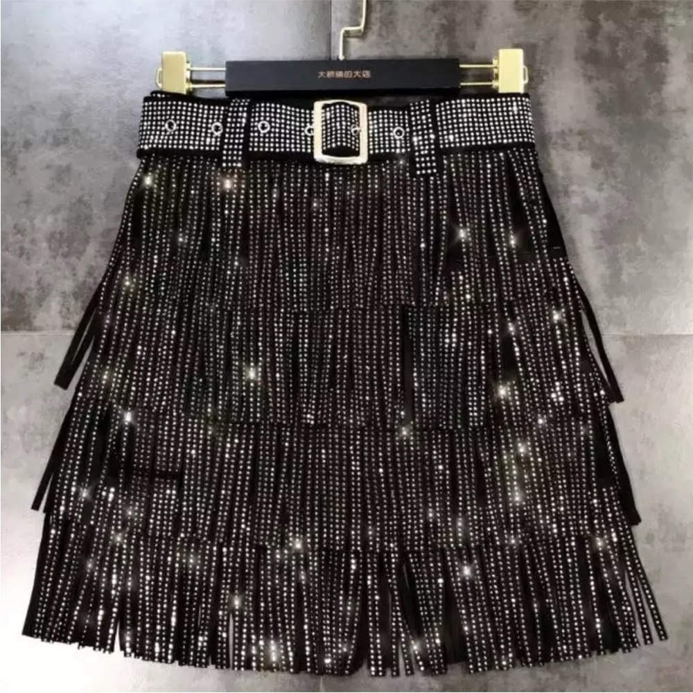 Black Fringe Skirt with Rhinestone Detailing